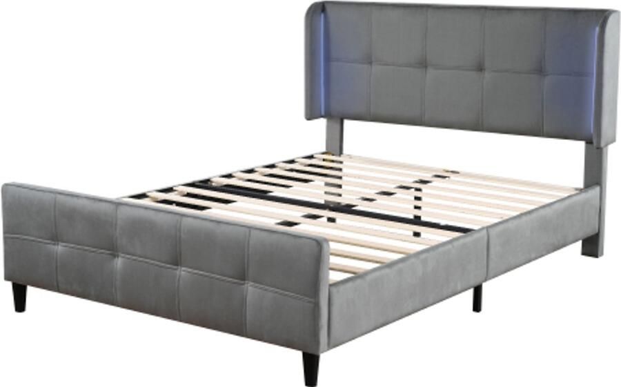 Gestoffeerd Bed 140x200cm Zonder Matras Dubbelbed Grijs Fluweel Met 16 Kleurige LED Aan Zijkanten Gestikt Hoofd En Voetbord In Hoogte Verstelbaar
