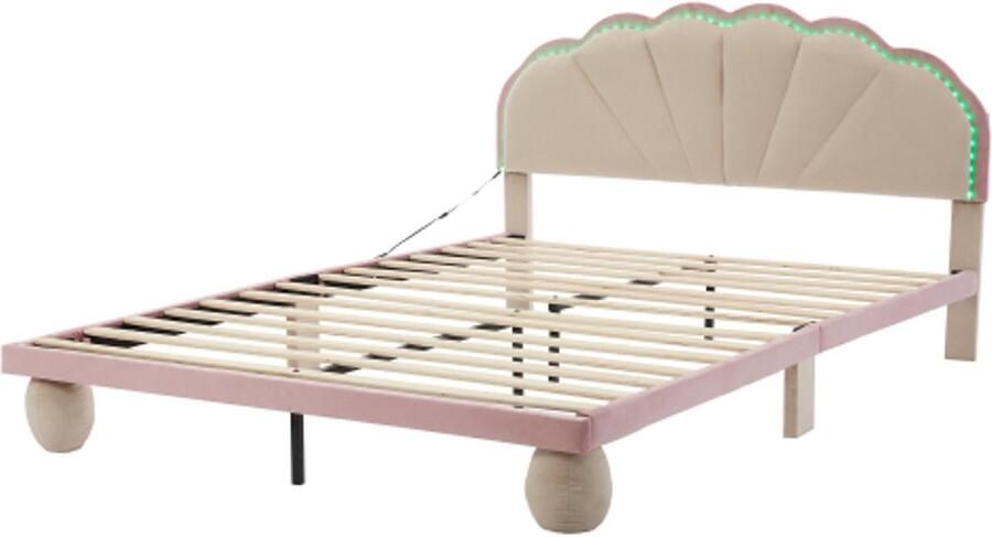 Gestoffeerd Bed 140x200cm Zonder Matras Kinderbed Beige+Roze Fluweel Met Gekleurde LED Strip Golvend Hoofdbord En Ronde Poten Geschikt Voor Tieners En Jeugd