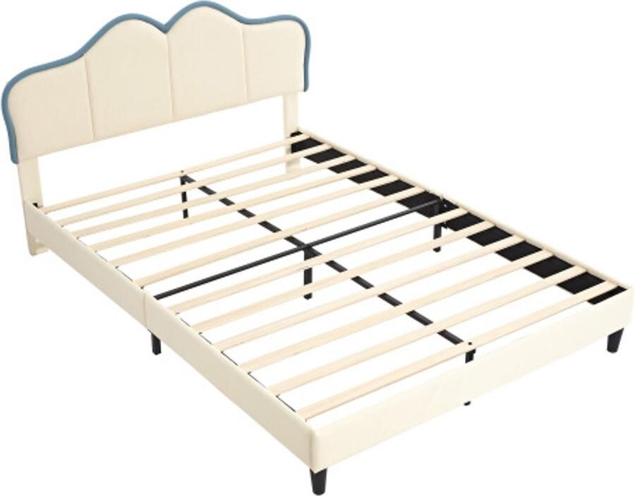 Gestoffeerd Bed 140x200cm Zonder Matras Kinderbed Wit+Blauw PU Met Zachte Randen Elegant Hoofdbord Voor Kinderen