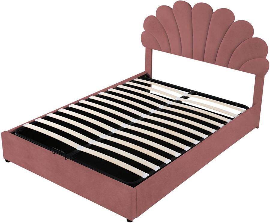 Gestoffeerd bed 140x200cm zonder matras met hydraulische opbergruimte uniek bloemenhoofdbord met verstelbare hoogte huidvriendelijk fluweel roze