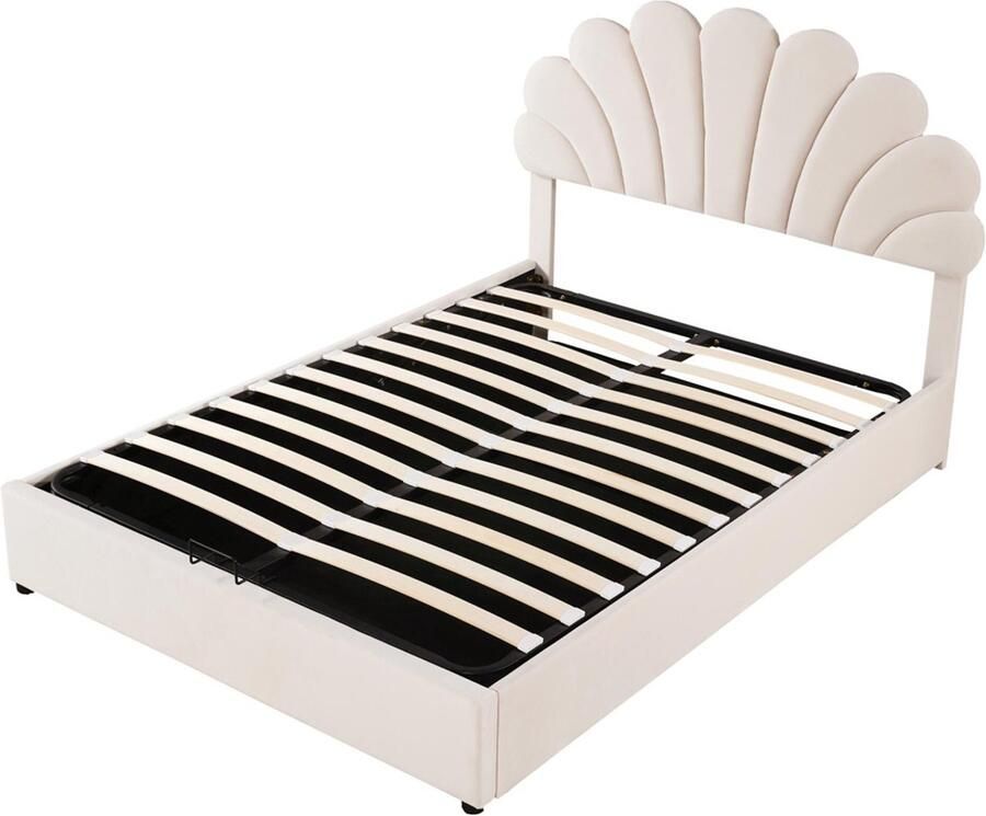 Gestoffeerd bed 140x200cm zonder matras met hydraulische opbergruimte uniek bloemenhoofdbord met verstelbare hoogte huidvriendelijk fluweel Beige