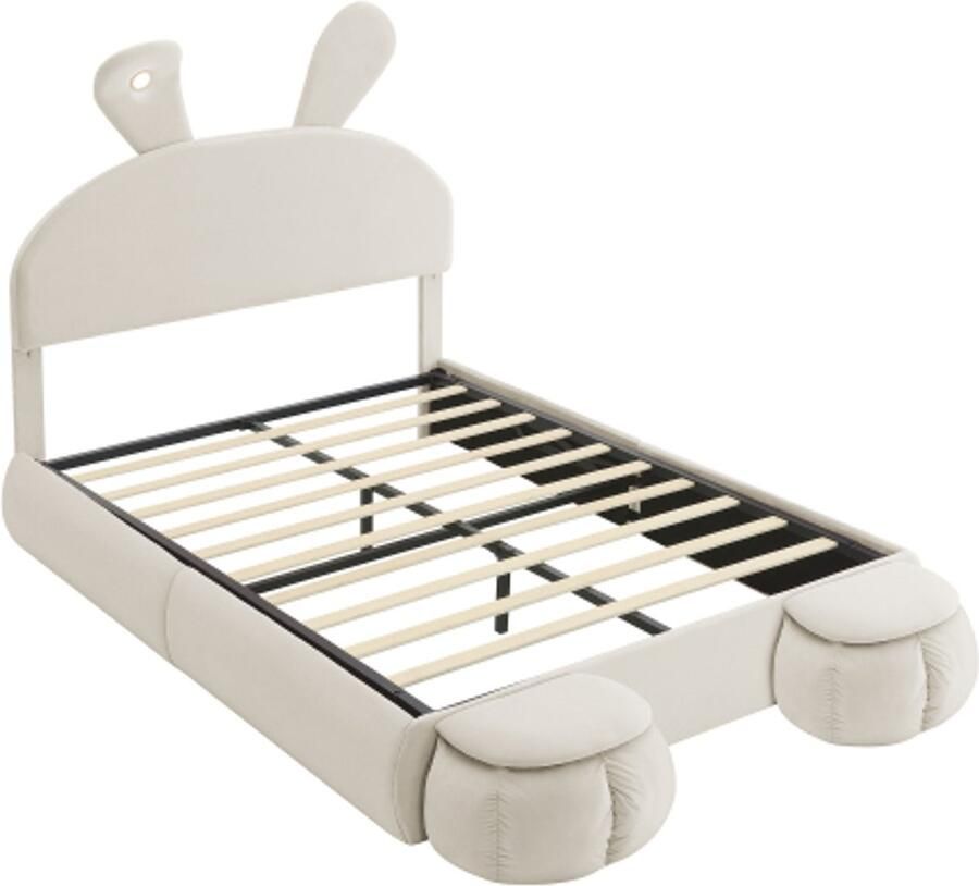 Gestoffeerd Bed 140x200cm Zonder Matras Tweepersoonsbed Beige Fluweel Met LED Opbergruimte Hydraulisch Konijnenoren Inclusief 2 Krukjes Kinderkamer