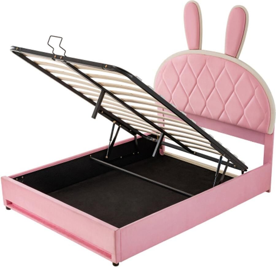 Gestoffeerd Bed 140x200cm Zonder Matras Tweepersoonsbed Roze Fluweel Hydraulisch Verstelbaar Konijnenhoofd Bord Met Opbergruimte Slaapkamer