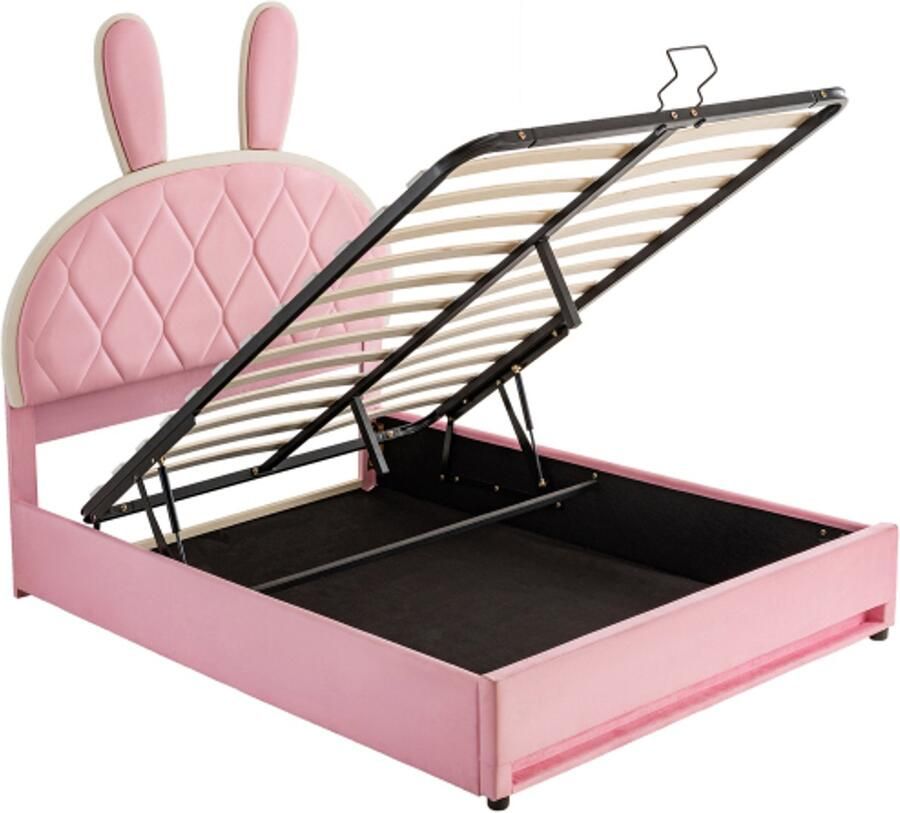 Gestoffeerd Bed 140x200cm Zonder Matras Tweepersoonsbed Roze Fluweel Hydraulisch Verstelbaar Konijnenhoofd Bord Met Opbergruimte Slaapkamer