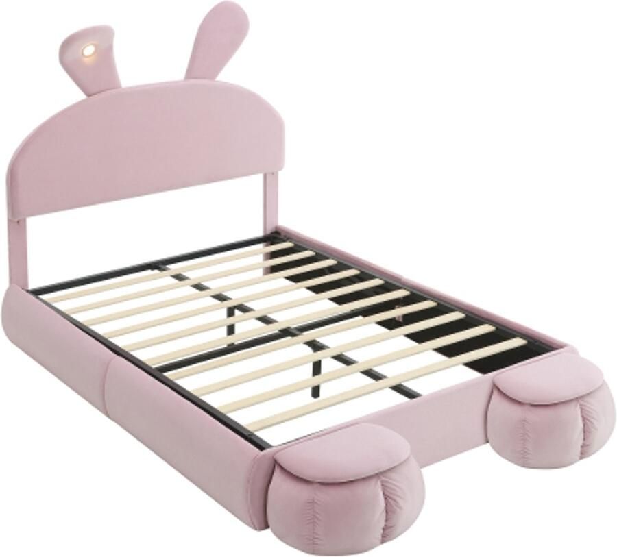 Gestoffeerd Bed 140x200cm Zonder Matras Tweepersoonsbed Roze Fluweel Met LED Opbergruimte Hydraulisch Konijnenoren Inclusief 2 Krukjes Kinderkamer