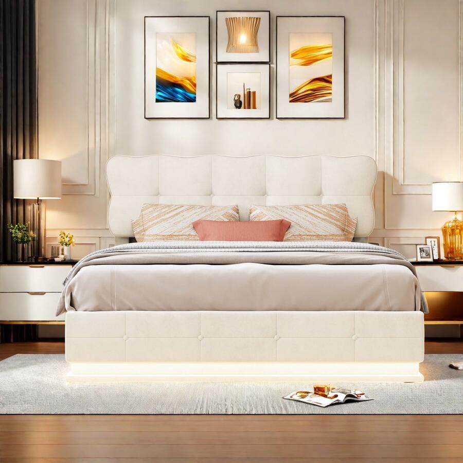 Gestoffeerd bed 160 x 200 cm LED-bed met opbergruimte en lattenbodem tweepersoonsbed hoofdeinde rugleuning hydraulisch opbergbed bedframe met rugleuning fluweel beige zonder matras