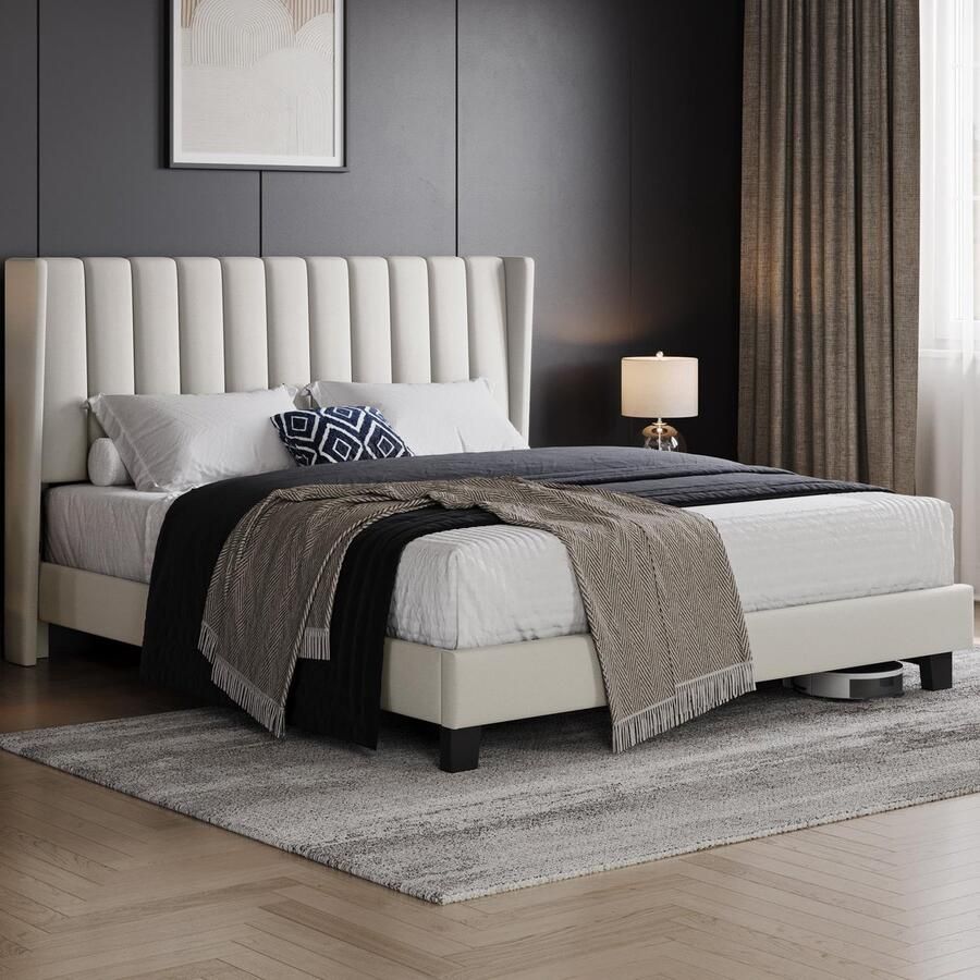 Gestoffeerd bed 160 x 200 cm stabiel tweepersoonsbed familiebed gevoerd bedframe bed met opbergruimte voor slaapkamer logeerkamer beige