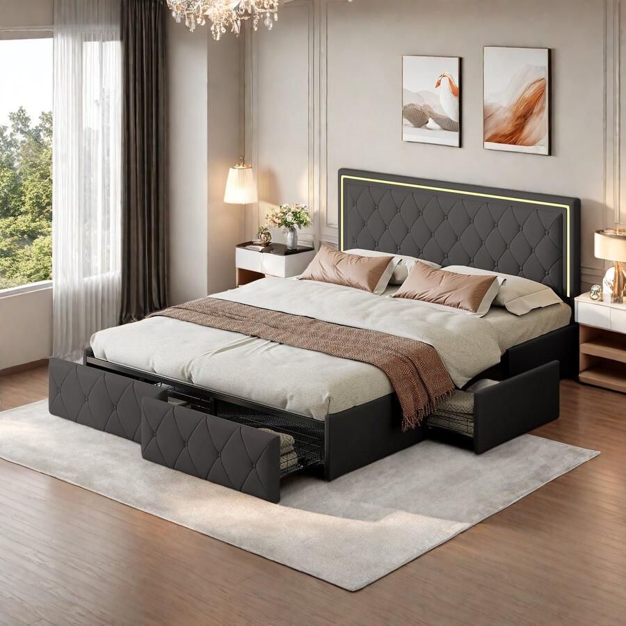 Gestoffeerd bed 160 x 200 cm Tweepersoonsbed met 4 lades PU-leren hoofdeinde Jeugdbed Gestoffeerd bed Jeugdbed PU-leer Zwart Zonder matras