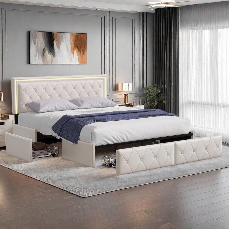 Gestoffeerd bed 160 x 200 cm Tweepersoonsbed met 4 lades PU-leren hoofdeinde Jeugdbed Gestoffeerd bed Jeugdbed PU-leer Wit Zonder matras