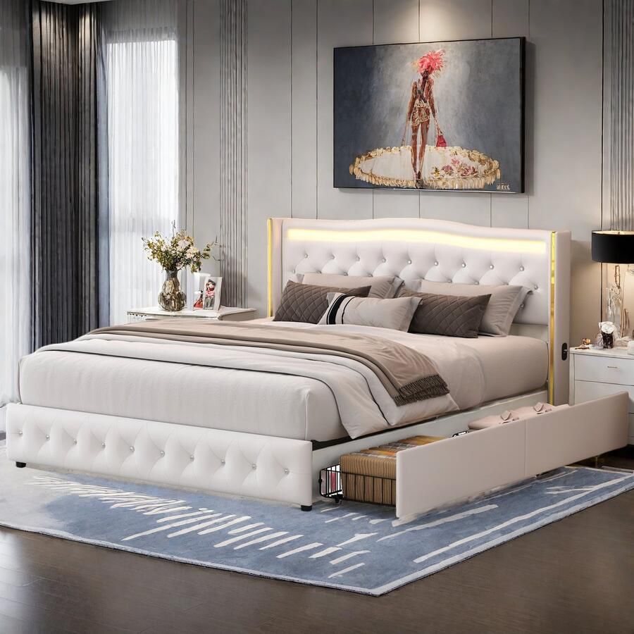 Gestoffeerd bed 160 x 200 cm tweepersoonsbed met LED-hoofdbord en USB-aansluiting tweepersoonsbed met 4 lades jeugdbed met rugleuning en lattenbodem zonder matras PU-leer wit