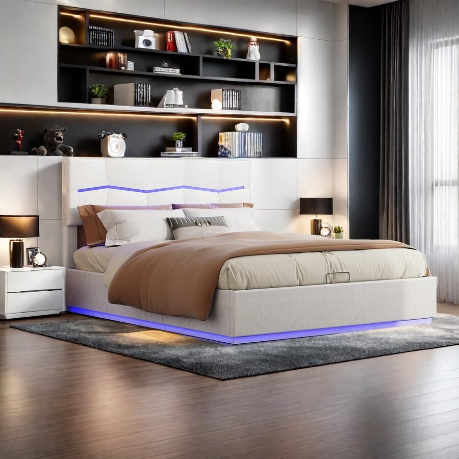 Gestoffeerd bed 160 x 200 cm Tweepersoonsbed met LED-verlichting en USB-aansluiting bed met opklapbare opbergbox gestoffeerd bed met hoofdeinde tweepersoonsbedframe met lattenbodem PU-leer beige zonder matras