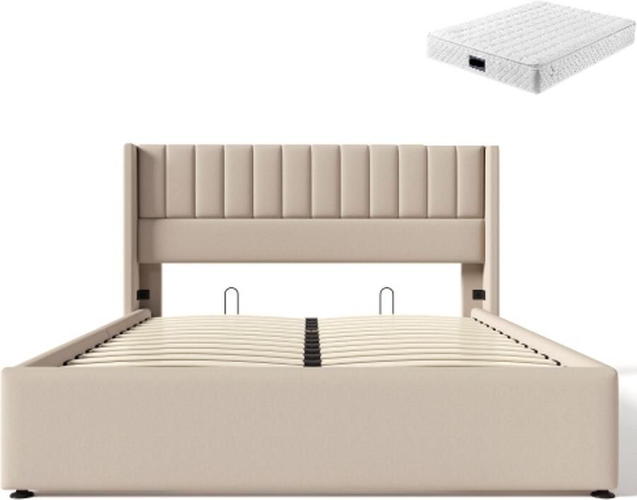 Gotagee Gestoffeerd Bed 140×200 cm Tweepersoonsbed Met Matras Beige Linnen Hydraulisch Lattenbodem Opbergbedding
