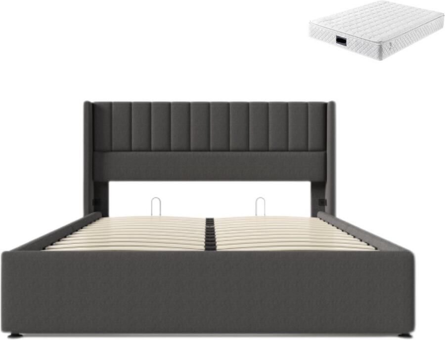 Gotagee Gestoffeerd Bed 140×200 cm Tweepersoonsbed Met Matras Grijs Linnen Hydraulisch Lattenbodem Opbergbedding