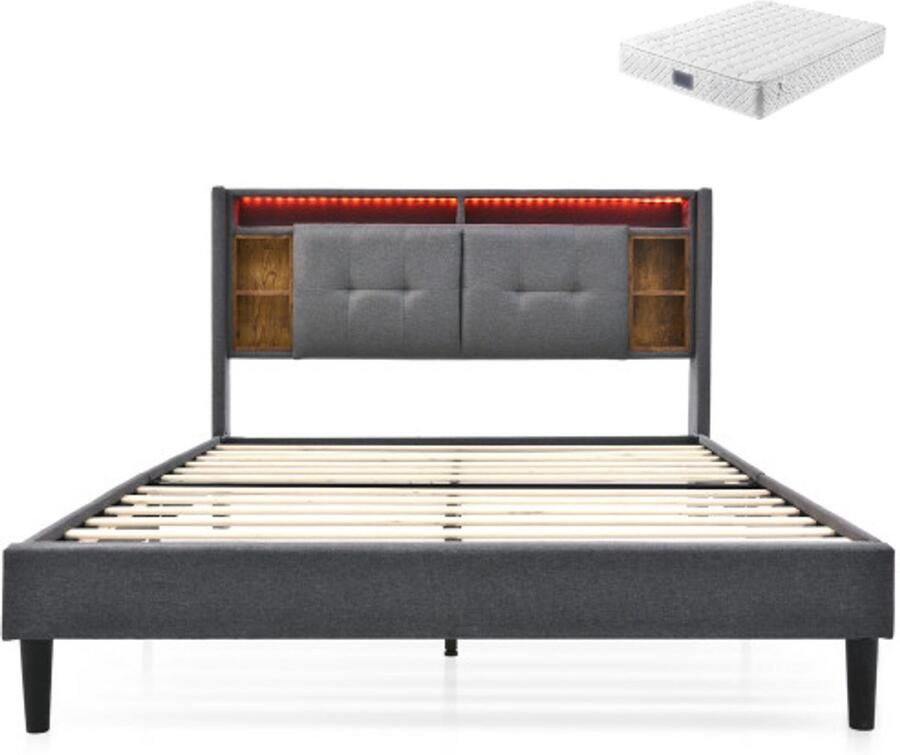GOTAGEE Gestoffeerd Bed 160×200 cm Tweepersoonsbed Met Matras Grijs Linnen Met USB LED Hoofdbord Lattenbodem