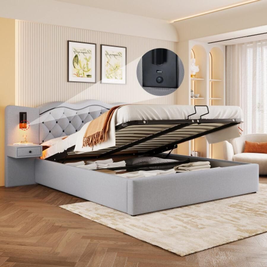 Gestoffeerd bed 160*200 cm zonder matras opgevuld bed ge茂ntegreerd hoofdeinde hydraulisch hefmechanisme USB -verbinding twee bedlampen grote opbergruimte grijs