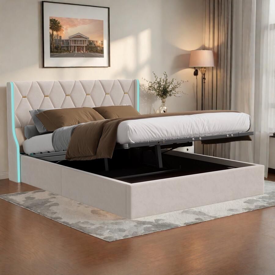 Gestoffeerd bed 160x200 cm hydraulisch tweepersoonsbed met ledverlichting en veel opbergruimte bedframe met hoofdeinde en lattenbodem tweepersoonsbed jeugdbed fluweel beige (zonder matras)