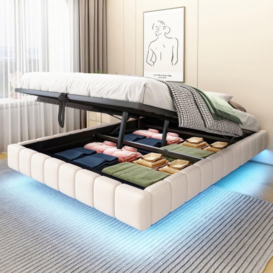 Merlooks Opbergbed 140x200 cm hydraulisch zwevend bedframe met opbergruimte multifunctioneel opbergbed zonder hoofdeinde met ledverlichting linnen beige