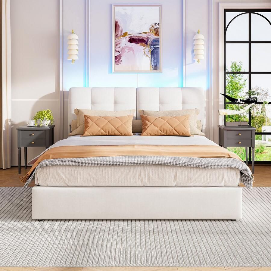 Gestoffeerd bed 160x200 cm met ledverlichting hydraulisch functioneel bed gestoffeerd hoofdeinde met geblokte rugleuning tweepersoonsbed met lattenbodem fluweel beige zonder matras