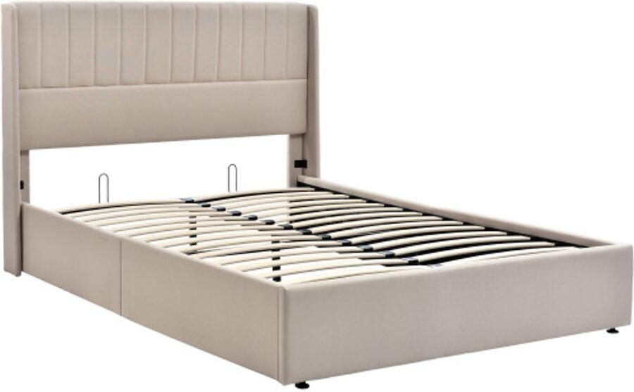 Gotagee Gestoffeerd Bed 140x200 cm Opbergbed Hydraulisch Bed Met Lattenbodem van Hout Bed Met Lattenbodem van Metaalframe Linnen Beige Zonder Matras