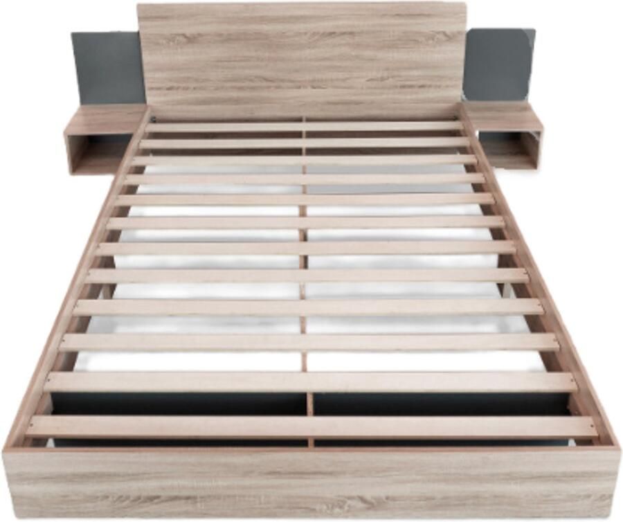Zonder merk Gotagee Gestoffeerd bed 160x200 cm Tweepersoonsbed Houten bed Met 2 nachtkastjes Eiken Sonoma Donkergrau Met 2 nachtkastjes