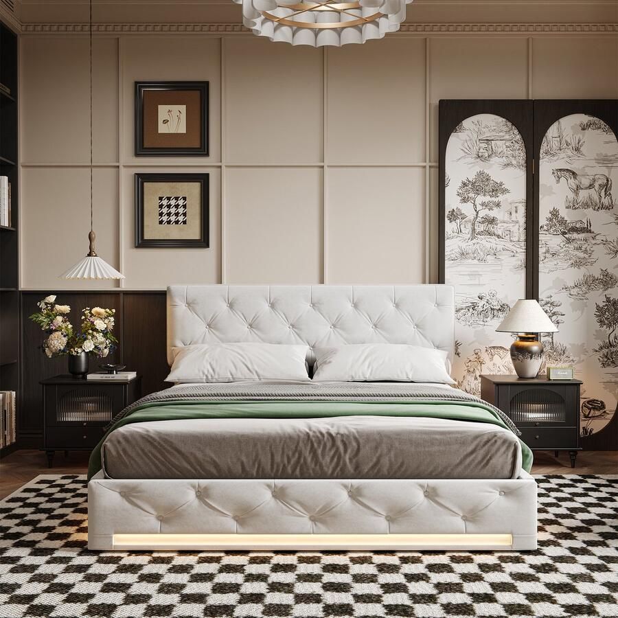 Gestoffeerd bed 160x200 cm tweepersoonsbed met ledverlichting en lattenbodem hydraulisch opbergbed functioneel bed met veel opbergruimte verstelbaar hoofdeinde linnen gebroken wit (zonder matras)