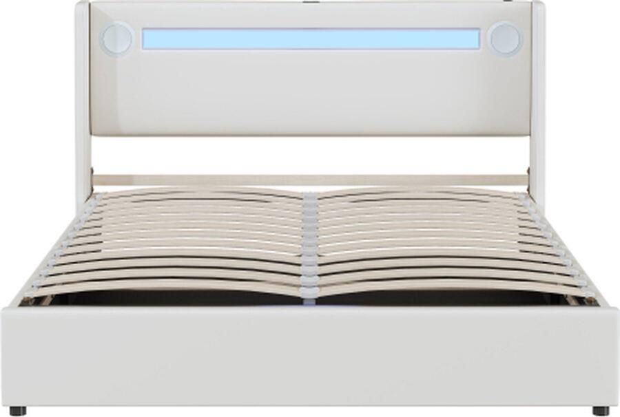 Gotagee Gestoffeerd bed 160x200 met LED-Lichtstrip Bluetooth-speler en USB-oplaadpoort PU-leder opbergbankbed Stapelbed Dubbelbed met Lattenbodem