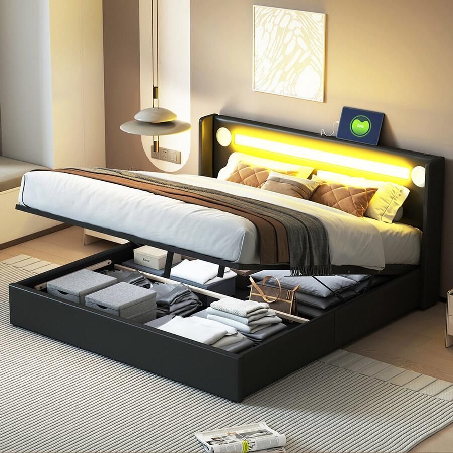 Gotagee Gestoffeerd bed 160x200 met LED-Lichtstrip Bluetooth-speler en USB-oplaadpoort PU-leder opbergbankbed Stapelbed Dubbelbed met Lattenbodem