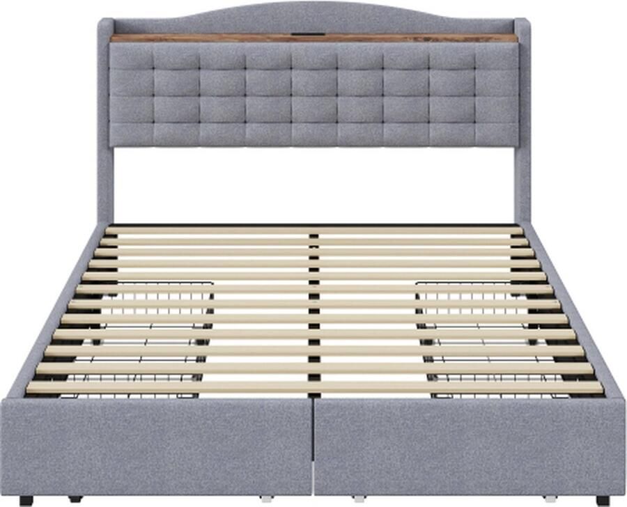 Zonder merk Gotagee Gestoffeerd bed 160x200cm Dubbel plat bed (zonder matras) Met USB Grijs Linnen