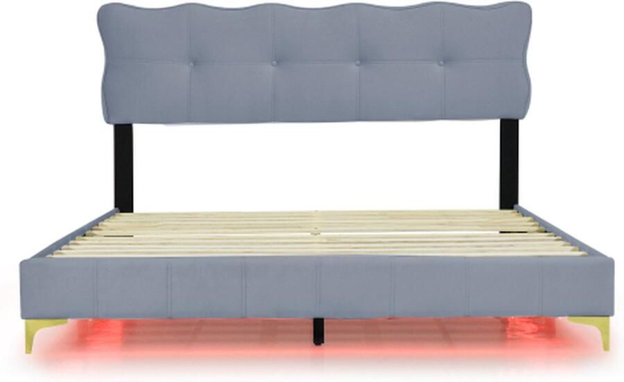 GOTAGEE Gestoffeerd bed 160x200cm Jeugdbed (zonder matras) met LED Grijs Tweepersoonsbed