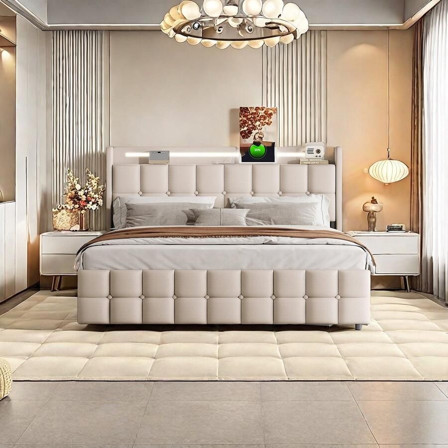 Gestoffeerd bed 160x200cm Tweepersoonsbed met USB-oplaadfunctie en LED-hoofdeinde en 4 lades opbergbed jeugdbedframe houten lattenbodem linnen zonder matras (beige 160x200cm)