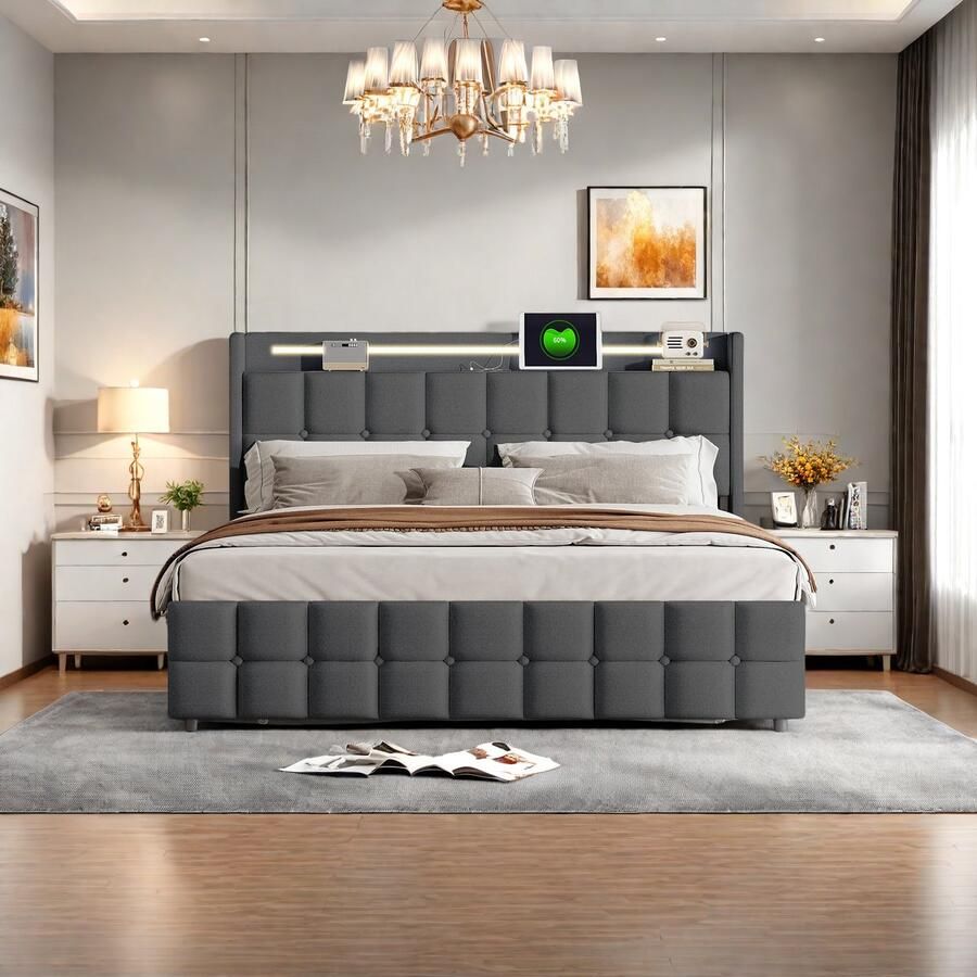 Gestoffeerd bed 160x200cm Tweepersoonsbed met USB-oplaadfunctie LED-hoofdeinde en 4 lades opbergbed jeugdbedframe houten lattenbodem linnen zonder matras (grijs 160x200cm)