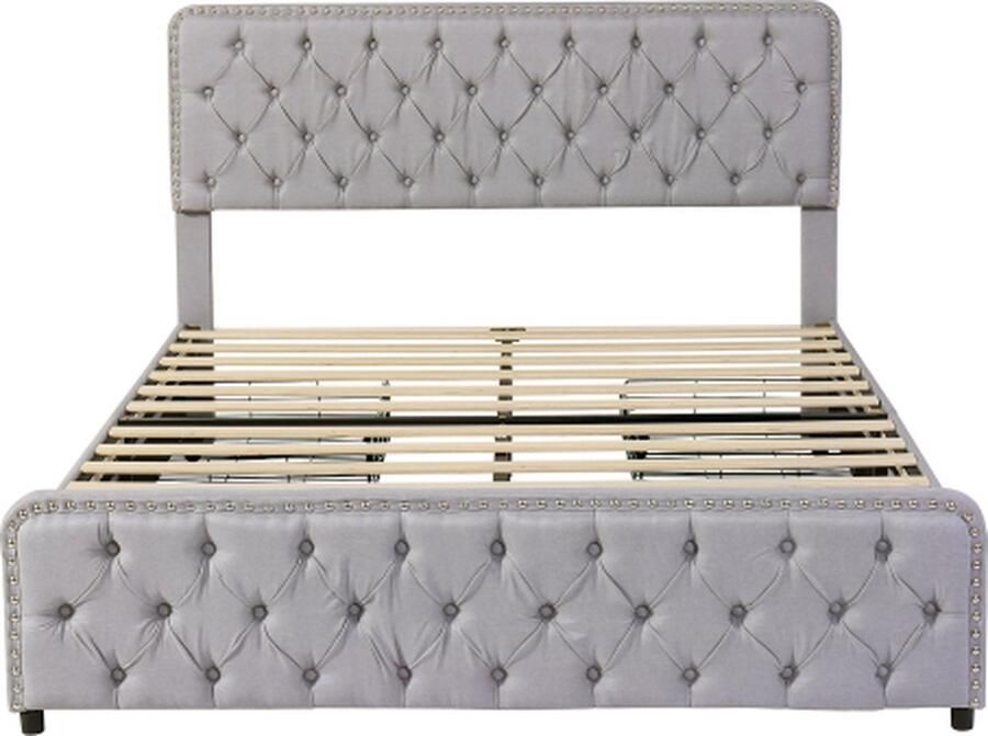 Gotagee Gestoffeerd bed 180X200cm tweepersoonsbed met vier laden in hoogte verstelbaar hoofdeinde treklussen en klinknagels aan hoofd- en voeteneinde lattenbodem van hout linnen