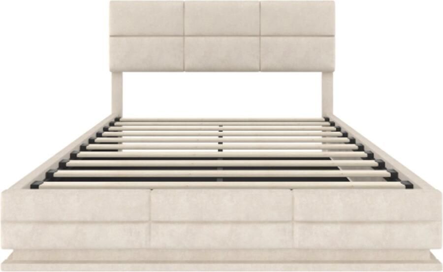Gestoffeerd Bed 160x200cm Zonder Matras Tweepersoonsbed Beige Fluweel Met Led En Usb Type C Verstelbaar Hoofdbord Hydraulisch Lift Systeem Xxl Opbergruimte Voor Slaapkamer