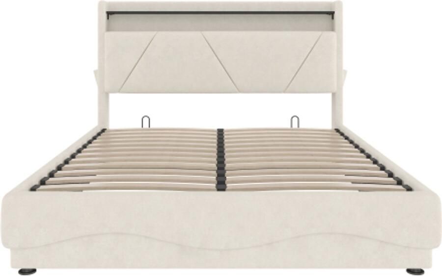 Gestoffeerd Bed 160x200cm Zonder Matras Tweepersoonsbed Met Led Hoofdbord Met Legplanken Extra Opbergruimte Onder Gasdruk Lattenbodem Stil Met Usb Gecertificeerd Met Zijvakken Voor Slaapkamer