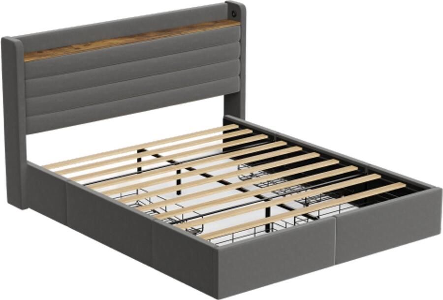 Gestoffeerd Bed 160x200cm Zonder Matras Tweepersoonsbed Modern Bed Fluweel Met Led Usb Hoofdbord Met 4 Laden Onderbed Opbergruimte Grijs Voor Slaapkamer