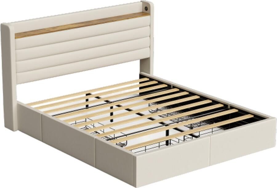 Gestoffeerd Bed 160x200cm Zonder Matras Tweepersoonsbed Modern Bed Fluweel Met Led Usb Hoofdbord Met 4 Laden Onderbed Opbergruimte Beige Voor Slaapkamer