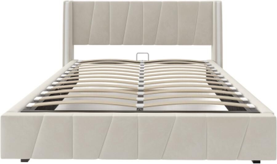 Gestoffeerd Bed 160x200cm Zonder Matras Tweepersoonsbed Modern Bed Fluweel Usb Met Silicium Led Design Hydraulisch Lift Systeem Extra Grote Onderbed Opbergruimte Beige Voor Slaapkamer