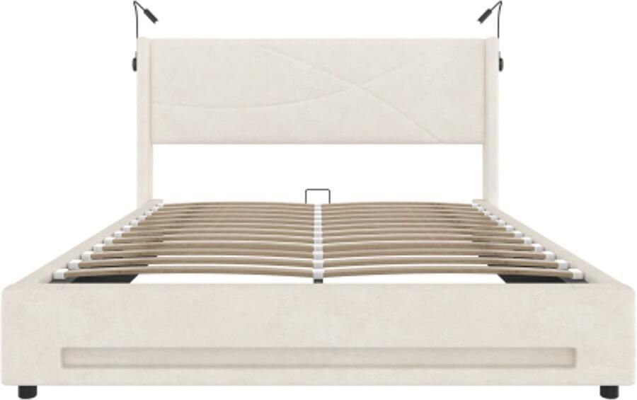 Gestoffeerd Bed 160x200cm Zonder Matras Tweepersoonsbed Modern Bed Met Led Usb Hoofdbord Hydraulisch Opbergruimte Lattenbodem Stevig Met 2 Leeslampen Beige Voor Slaapkamer