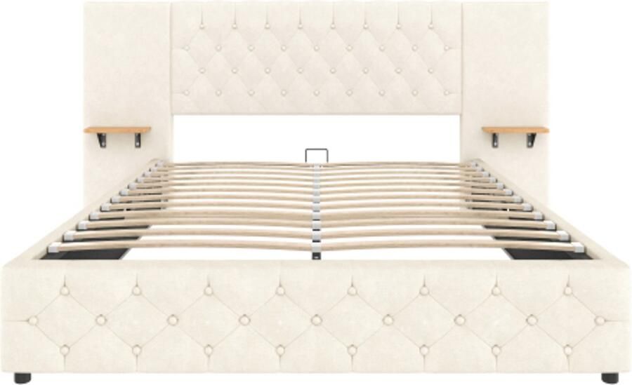 Gestoffeerd Bed 160x200cm Zonder Matras Tweepersoonsbed Modern Bed Met Led Usb Hoofdbord Hydraulisch Lift Systeem Grote Onderbed Opbergruimte Beige Voor Slaapkamer