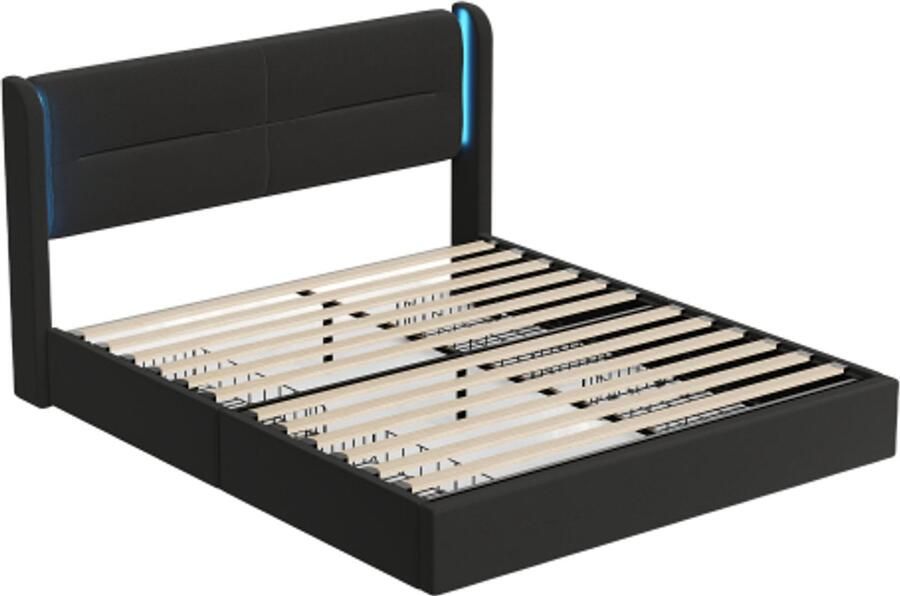 Gestoffeerd Bed 160x200cm Zonder Matras Tweepersoonsbed Modern Bed Met Led Usb Hoofdbord Met 4 Laden Dikke Bekleding Elegante Bedvleugels Extra Opbergruimte Zwart Voor Slaapkamer