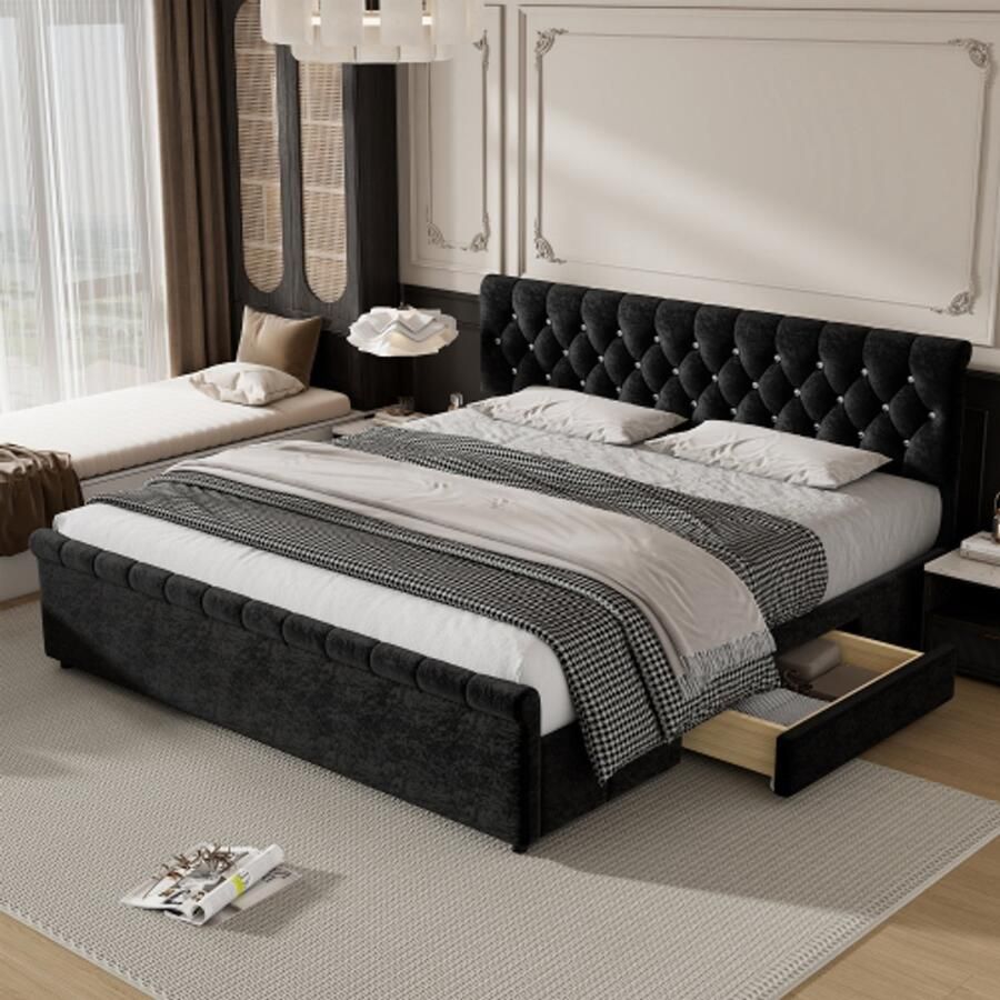 Gestoffeerd bed 180 x 200 cm met lattenbodem en rugleuning tweepersoonsbed met 2 lades