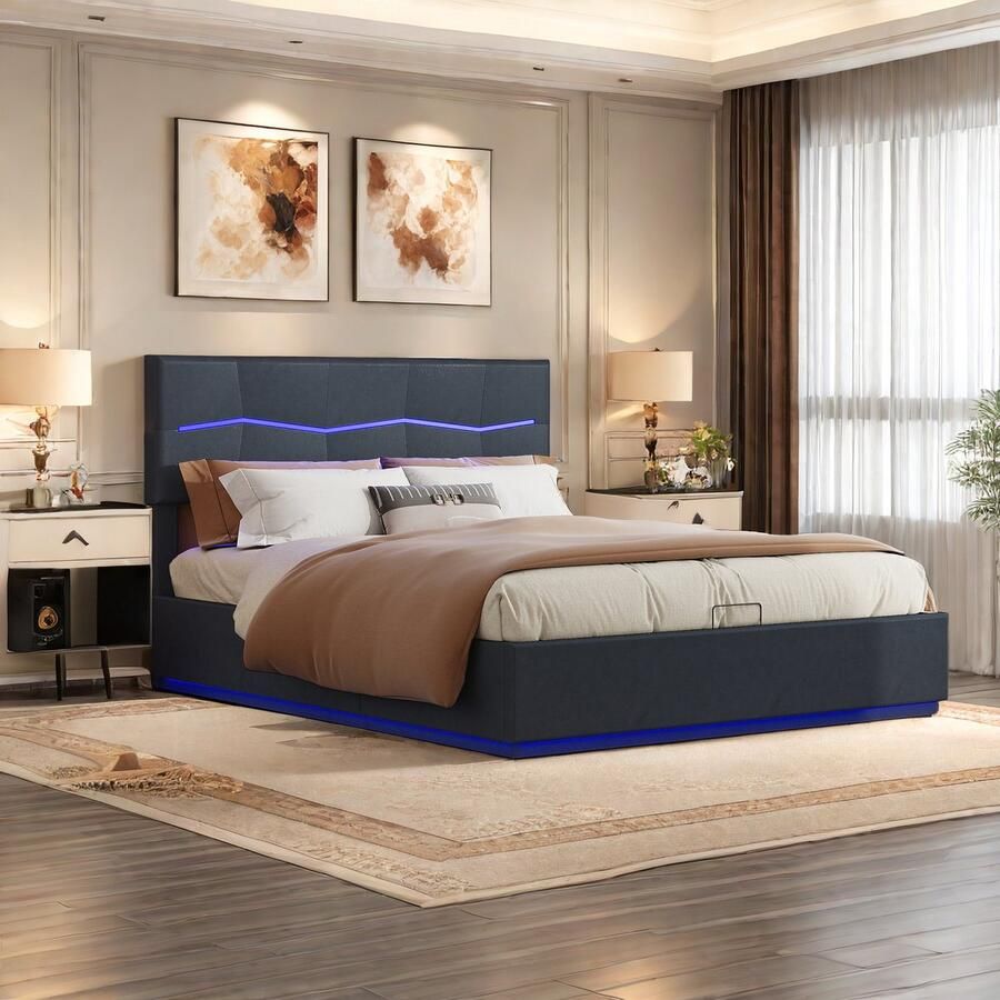 Gestoffeerd bed 160 x 200 cm Tweepersoonsbed met LED-verlichting en USB-aansluiting bed met opbergvak gestoffeerd bed met hoofdeinde tweepersoonsbedframe met lattenbodem PU-leer zwart zonder matras