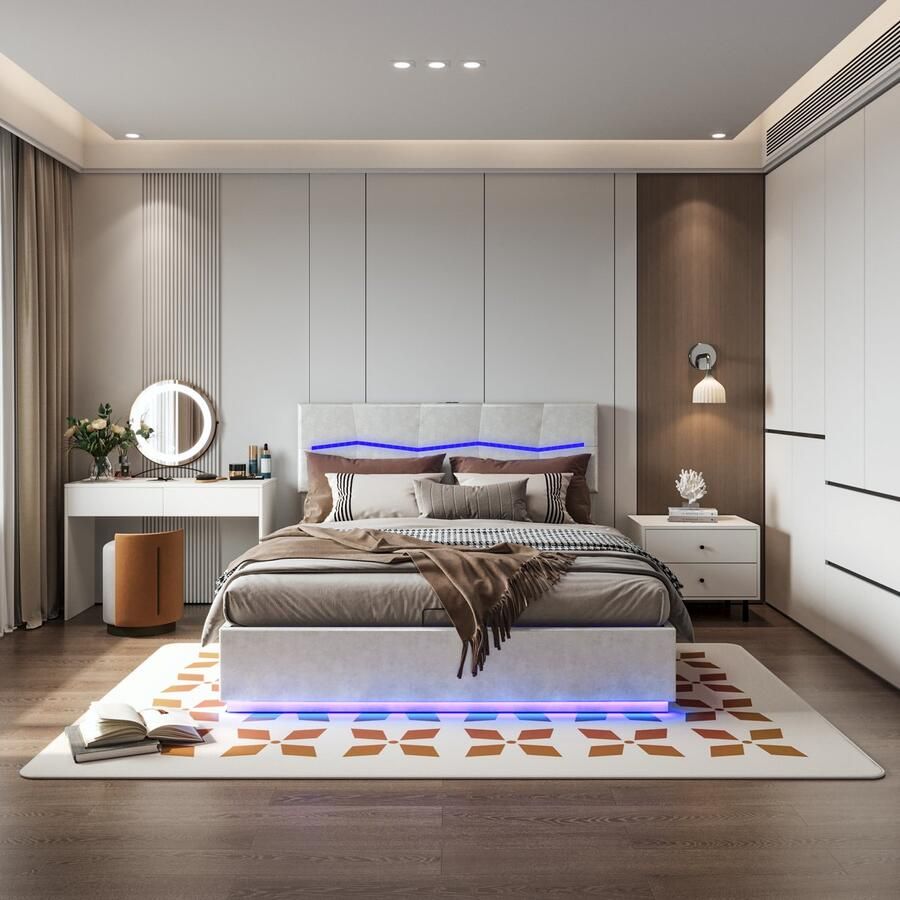 Gestoffeerd bed 180 x 200 cm Tweepersoonsbed met LED-verlichting en USB-aansluiting bed met opklapbare opbergbox gestoffeerd bed met hoofdeinde tweepersoonsbedframe met lattenbodem PU-leer beige zonder matras