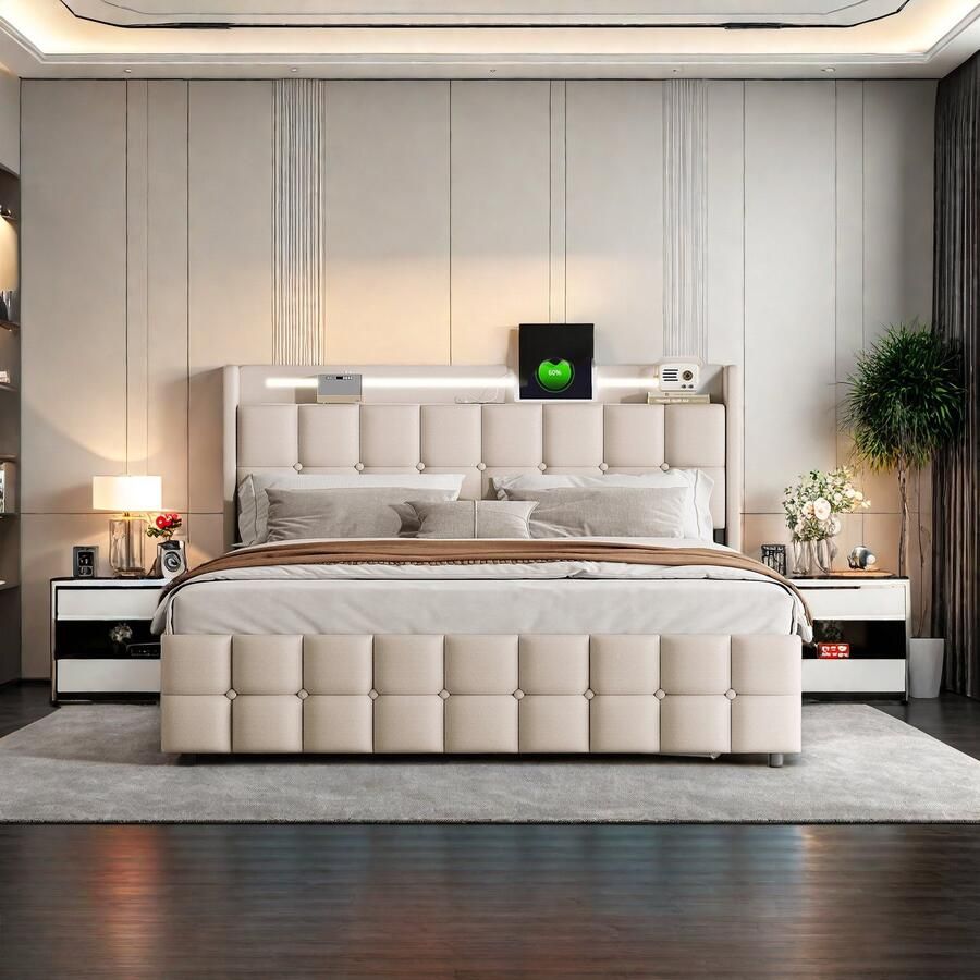 Gestoffeerd bed 180x200cm Tweepersoonsbed met USB-oplaadfunctie en LED-hoofdeinde en 4 lades opbergbed jeugdbedframe houten lattenbodem linnen zonder matras (beige 180x200cm)