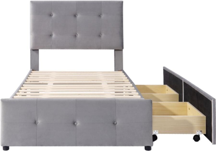 Zonder merk Gotagee Gestoffeerd bed 90 x 200 cm bed met lattenbodem rugleuning en twee lades fluwelen stof vlak eenpersoonsbed kinderbed jeugdbed logeerbed (grijs)