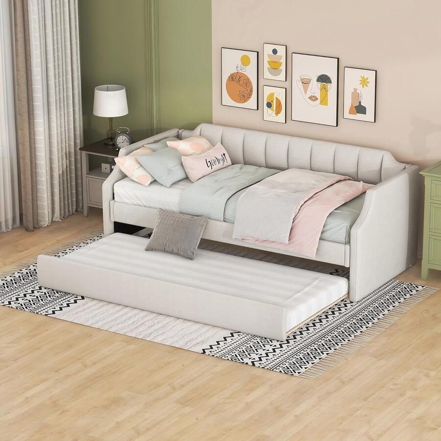 Gestoffeerd bed 90 x 200 cm met bedlade en uittrekbare slaapbank Ideaal voor jeugdkamer of logeerkamer