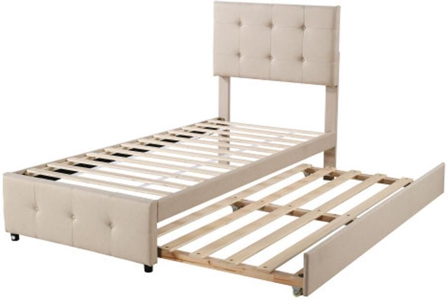 Zonder merk Gotagee Gestoffeerd bed 90 x 200 cm uitschuifbaar kinderbed verstelbaar hoofdeinde linnen bekleding vlak eenpersoonsbed kinderbed jeugdbed logeerbed (beige)