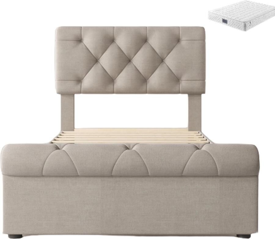 Zonder merk Gotagee Gestoffeerd bed 90x200 cm Eenpersoonsbed Chesterfield Functioneel bed Natuurlijk Met matras