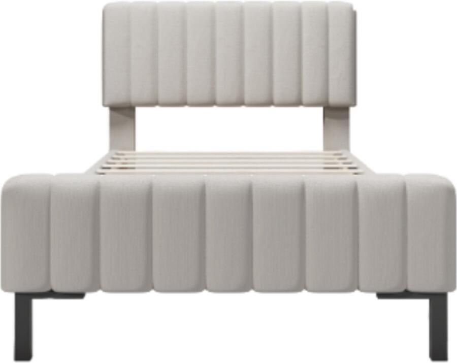 Zonder merk Gotagee Gestoffeerd bed 90x200 cm Eenpersoonsbed Met lattenbodem en verstelbaar hoofdbord Grijs-Beige Linnenmateriaal Zonder matras