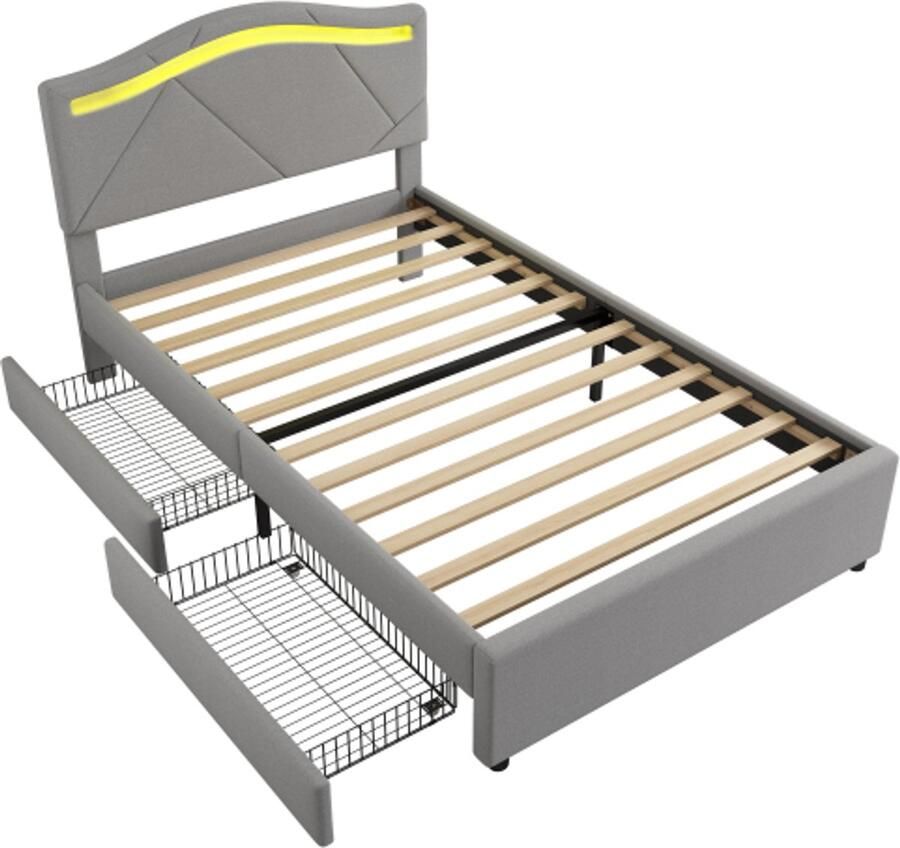 Gestoffeerd bed 90x200cm bed met lattenbodem (zonder matras) afstandsbediening voor de kamerverlichting bed met twee lades verstelbaar hoofdeinde linnen minimalistisch grijs